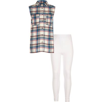 Girls pink checked shirt and leggings outfit